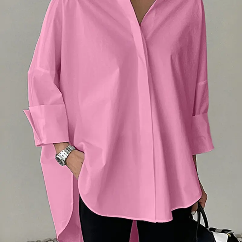 Women's Casual Solid Color Woven Drop Shoulder Loose Fit Top, Autumn Long Sleeve Shirt, Comfortable Daily Wear Style