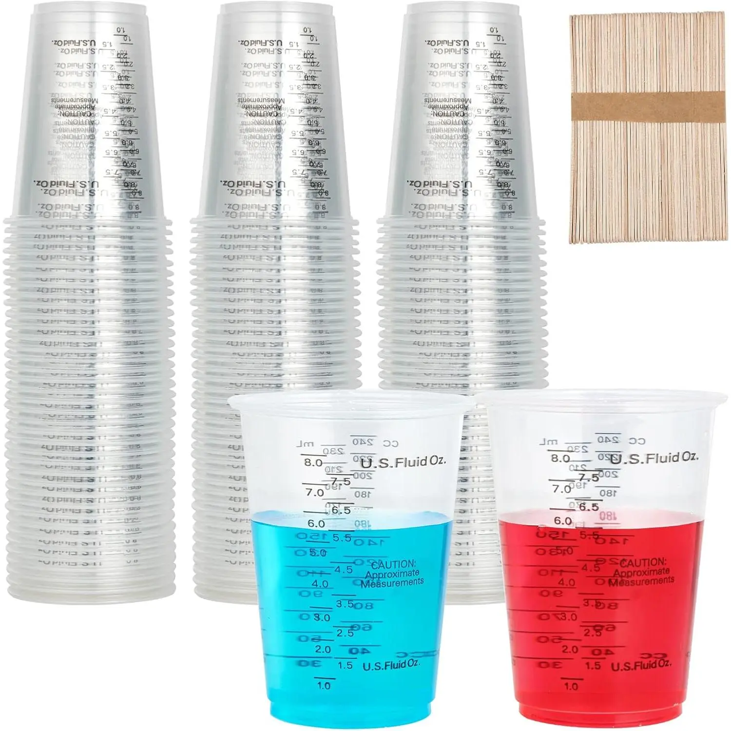 100-Pack Plastic Baking Measuring Cups Kit - 10 oz (0-500 ml) Disposable Mixing Cups with 100 Wooden Sticks, Kitchen Utensils for Cooking, DIY Enthusiasts, Paint, Epoxy Resin Liquid Measurement, Measuring Cups Set, Liquid Measuring Cups