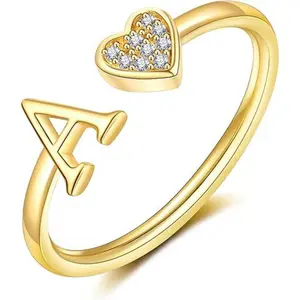 Soocosisx Fashion 26 English Letter Open Ring Simple Zircon DDJZ0010 Inlaid Adjustable Heart Ring 14K Gold-Plated