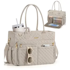 Bagstellar Teacher Tote Bag for Women,15.6 inch Laptop Work Bag with Large Cup Holder&Insulated Pocket, Waterproof Quilted Utility Travel Bag,Shoulder Crossbody Handbag for Mom Wife Teacher Nurse Bible,Daily,School