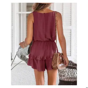 Waist High Jumpsuit Layered Flowy Rompers Womens V Neck Beach Tank Ruffle Shorts