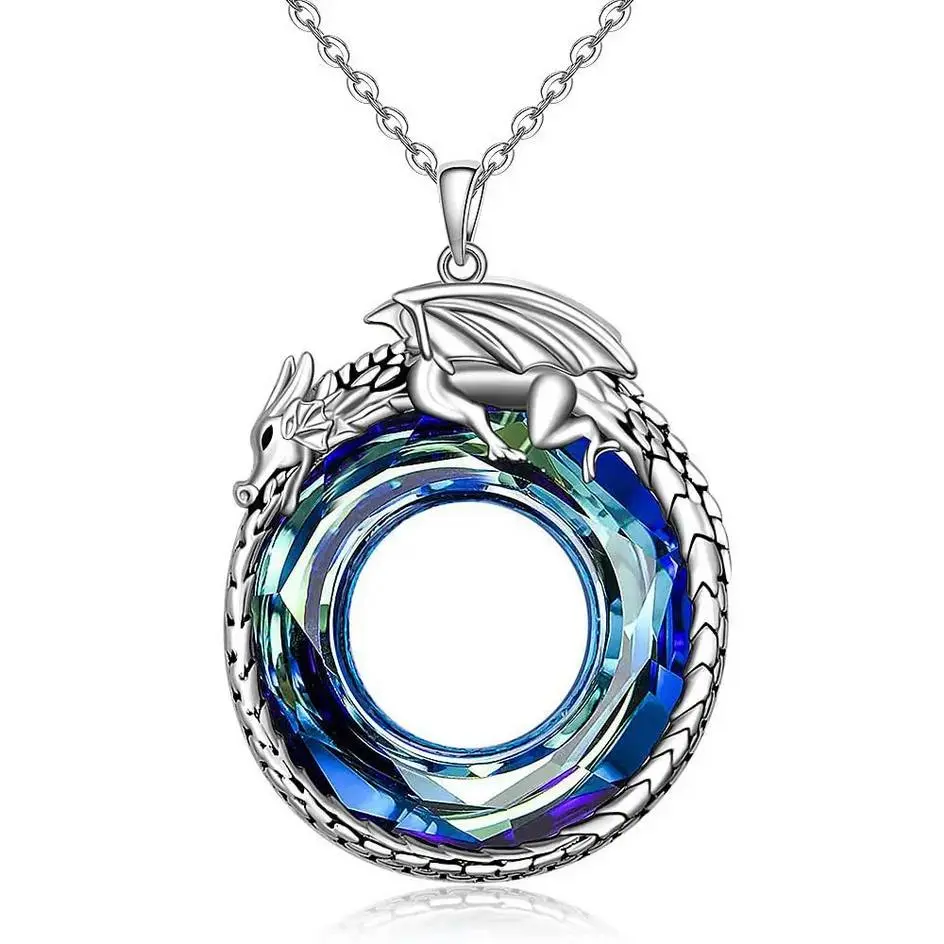 Exquisite Blue Crystal Vintage Sleeping Dragon Pendant Necklace