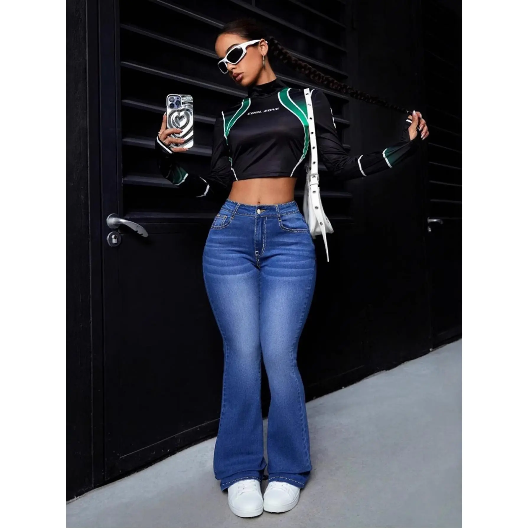 MHZ Women's high-waisted flared jeans, medium wash, stretchy trousers, vintage style, trendy Y2K streetwear, casual fashion, avant-garde outfit, suitable for daily wear and trendy looks