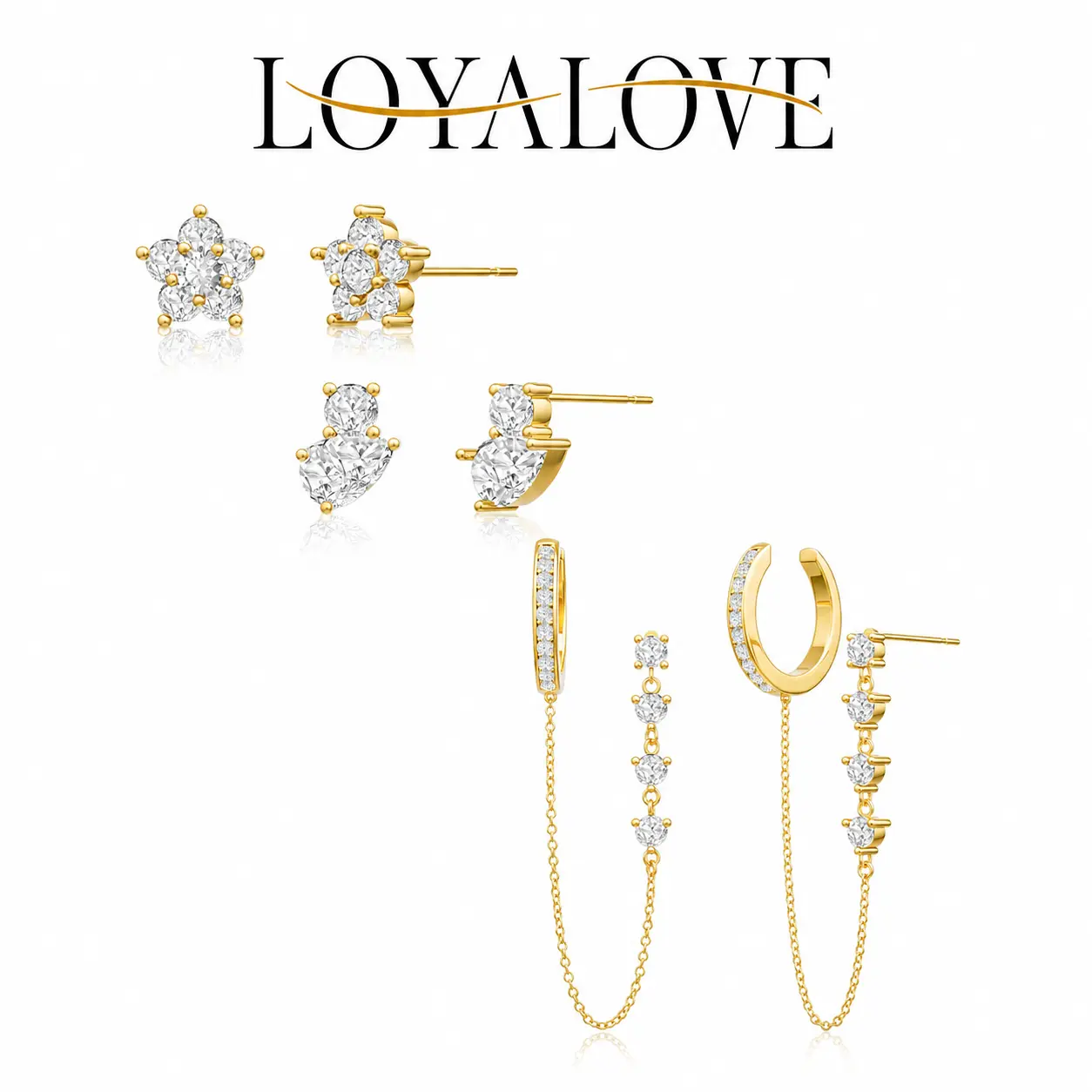 LOYALOVE 14K Gold Plated CZ Ear Stack Earrings Set for Women, Dainty Flower Stud & Crystal Chain Ear Cuff Earrings, Multiple Piercing Earrings, Trendy Hypoallergenic Jewelry Gift