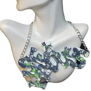 Sea and a Hawk W/ Blues Necklace - Elegant Design with Green Accents, Chain, and Unique Leaf Pattern