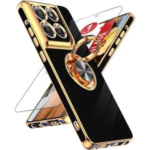 For Moto-G-Stylus-5G-2025 Case: NOT FIT G 5G 2025 with 1 Pack Tempered Glass Screen Protector and 360° Rotatable Ring Holder Magnetic Kickstand, Plating Rose Gold Edge, Black