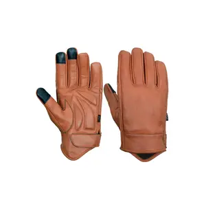 Men’s Premium Brown Leather Motorcycle Gloves, Riding Gloves w/ Gel Palm Padding & Touchscreen Fingertips