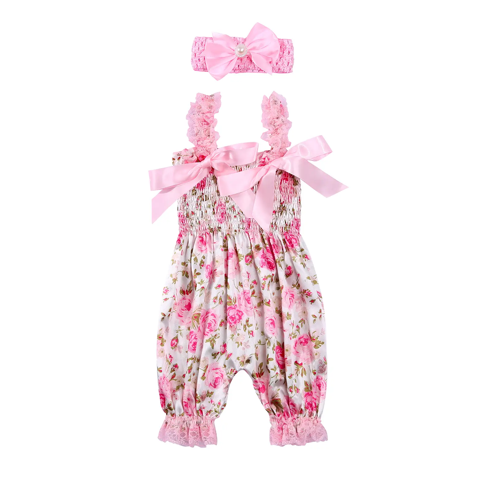 Newborn Infant Baby Girls Romper Polka Dots/ Flower/ Leopard Print Sleeveless Bowknot Lace Trim Jumpsuit Onesie with Headwear Spring Summer Clothes