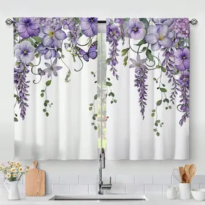 2-piece set - Purple flowered wisteria pattern semi-transparent curtains, rod bag curtains, suitable for living room, bedroom and home decoration. Hand washable, hookless.
