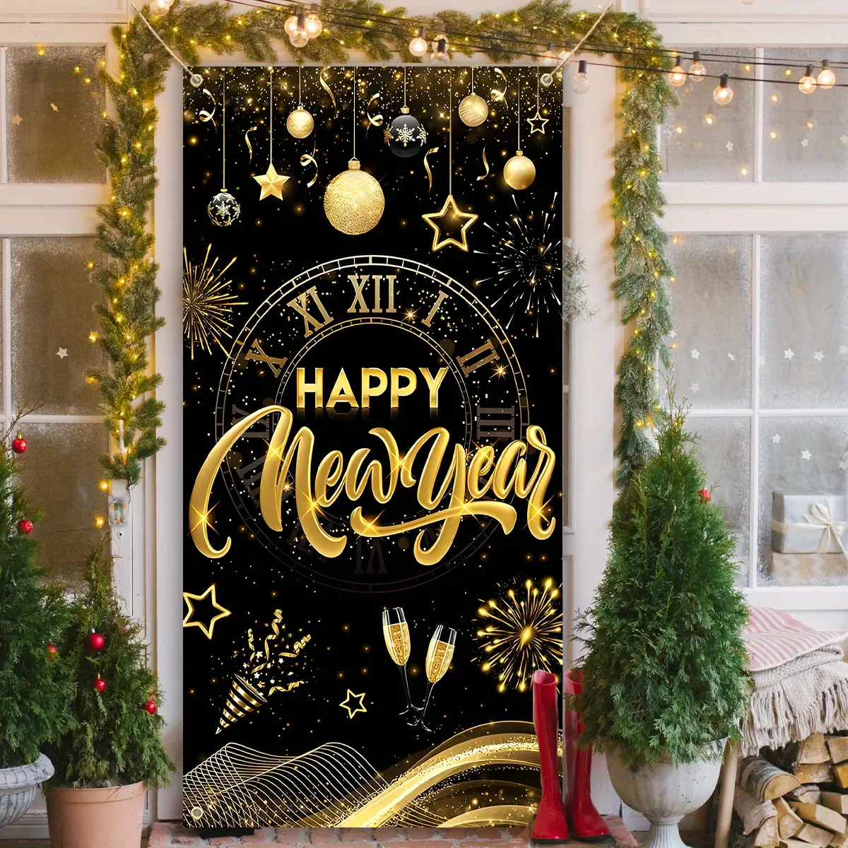 2d Flat 1pc New Year Door Banner with Festive Clock Pattern, Durable Materials, 70.8x35.4 Inches, Easy Install & Clean, Ideal for Home Entrance & Outdoor New Year Decor