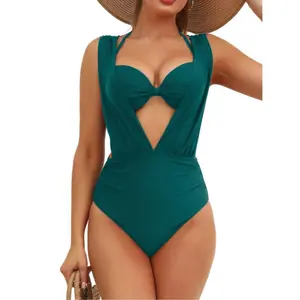 New One-Piece Swimsuit for Women European American Style Sexy Solid Color Deep V Beach Bikini U-Wire Cutout High-Coverage One-Piece Cut Stable Support Ruched Waist Detailing