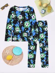 Boys Cool Football Print Pajama Set, 2 Long Sleeve Tops and Pants, Autumn Winter Sleepwear, Fashion Home Clothing, Cartoon Print Pajama