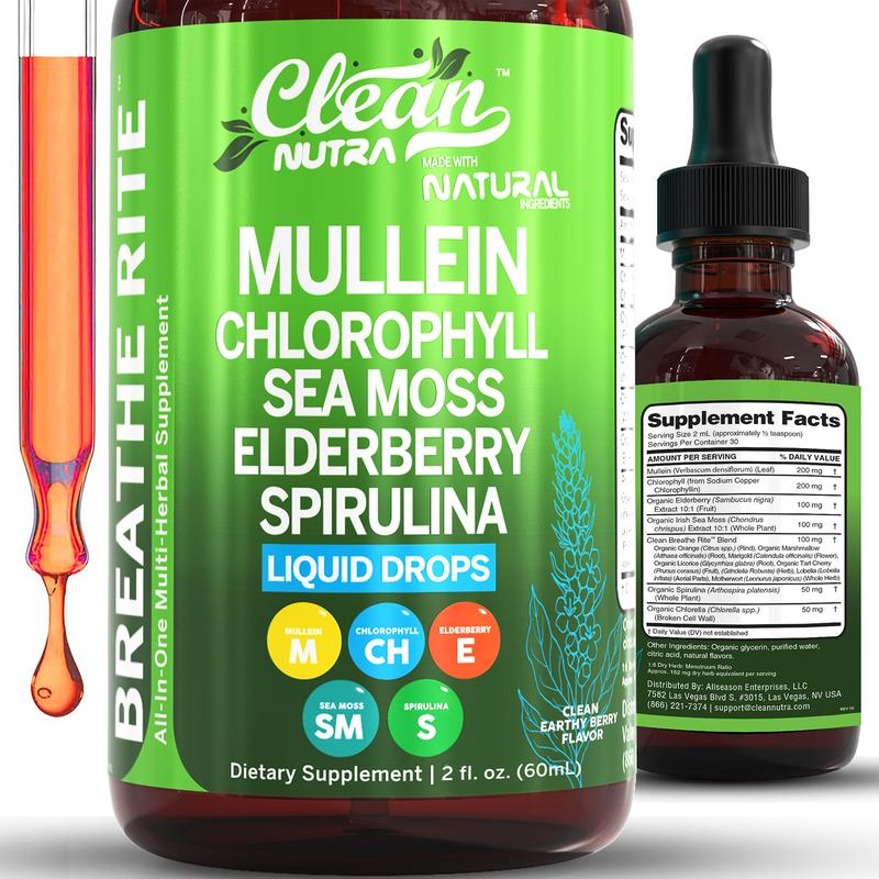 Clean Nutra Chlorophyll, Sea Moss, Elderberry, Spirulina, Licorice, Tart Cherry, Lobelia, Motherwort & More for Lung Detox Liquid Drop – Breathe Rite