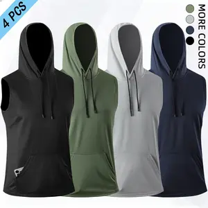 4PCS Male Fitted Men's Summer Hooded Sleeveless Sports Tank Top - Quick-Dry Fitness Shirt with Kangaroo Pocket, Breathable Stretch Fabric, Suitable for Workouts, Running#SummerVibes