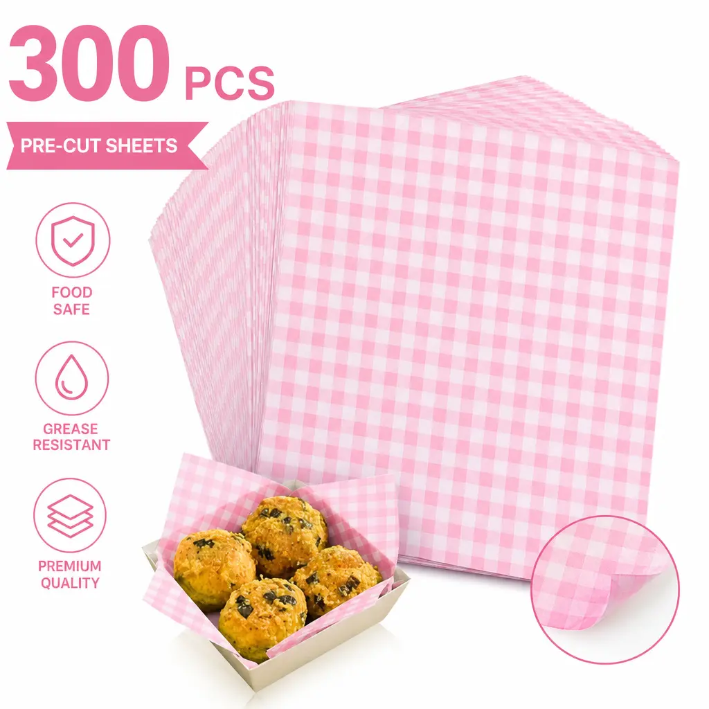 Pink Checkered Greaseproof Waxed Parchment Paper Sheets (300 Pcs, 7x7 in Compact Pack) - Baking Accessories, 7"x7" Wrap Fit Disposable Food Wrap for Sandwiches, BBQ Basket Liners, Home Baking Supplies