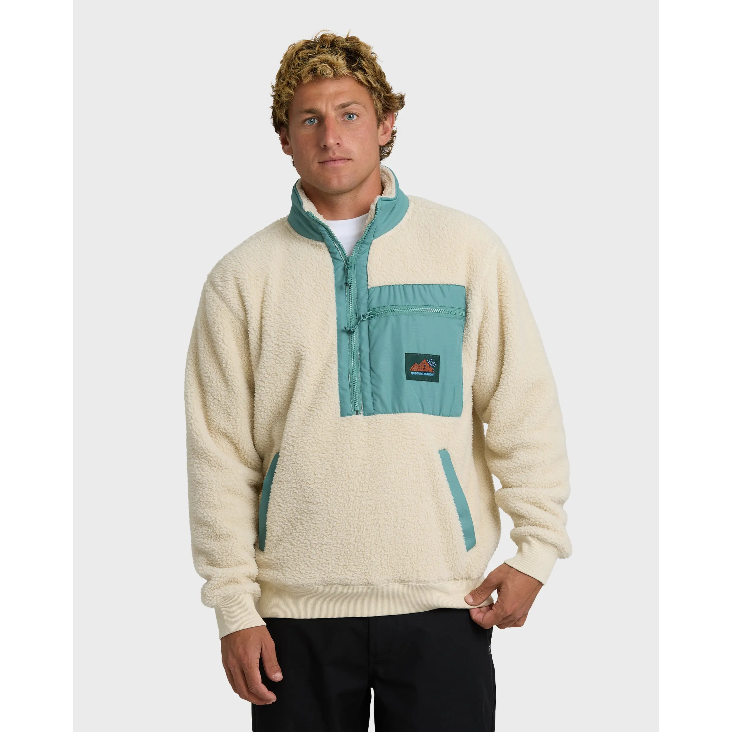 BILLABONG Men's Boundary Peak Mock Neck Sherpa Fleece - Oatmeal, Regular Fit Soft Fleece Pockets, Casual Everyday