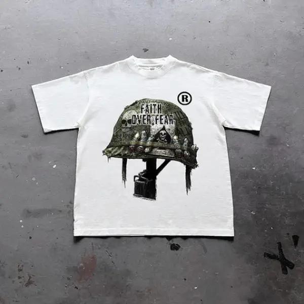 War Helmet Faith Over Fear Graphic Print Cotton T-Shirt, grunge y2k emo scene tapout goth amity affliction style clothes, Unisex T-shirt