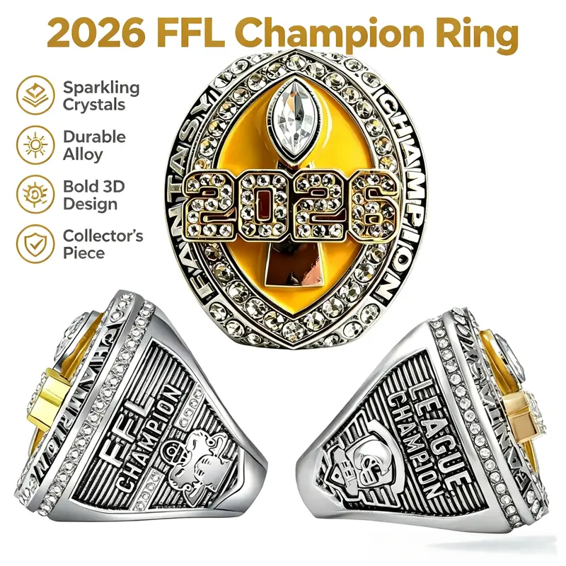 2026 FFL Fantasy Football Championship Ring - Polished Alloy Unisex Fashion Accessory, Shining Crystals, Sizes 9/11/13, League Winners' Collectible Trophy, Rings for Women
