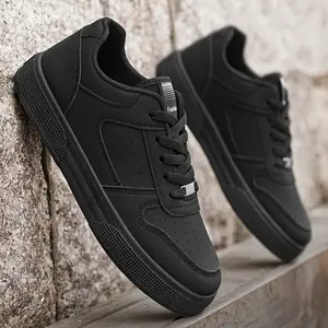 OLOEY Breathable Skate Shoes - Sleek Black Low-Top Casual Sneakers with Durable PU Upper & PVC Sole, Comfortable Lace-Up Streetwear for Men and Women, All-Season