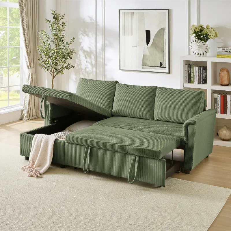 Reversible Sectional Sofa Couch, Loveseat Sofa with Chaise Lounge L-Shaped Modular Convertible Sofa with Storage Chaise, Corduroy Tufted Upholstered Sleeper Sectional Sofa, Pull Out Sleep Couch Bed and Reclining Backrest-Green