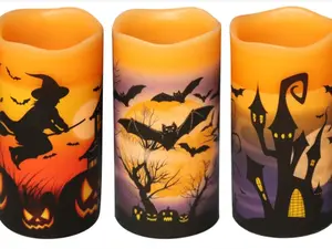 DRomance Halloween LED Flameless Pillar Candles Battery Operated with 6 Hour Timer Set of 3 Orange Wax Warm Light Flickering Witch Bats Castle Spooky Decals Halloween Decor Gifts(3 x 6 Inch)