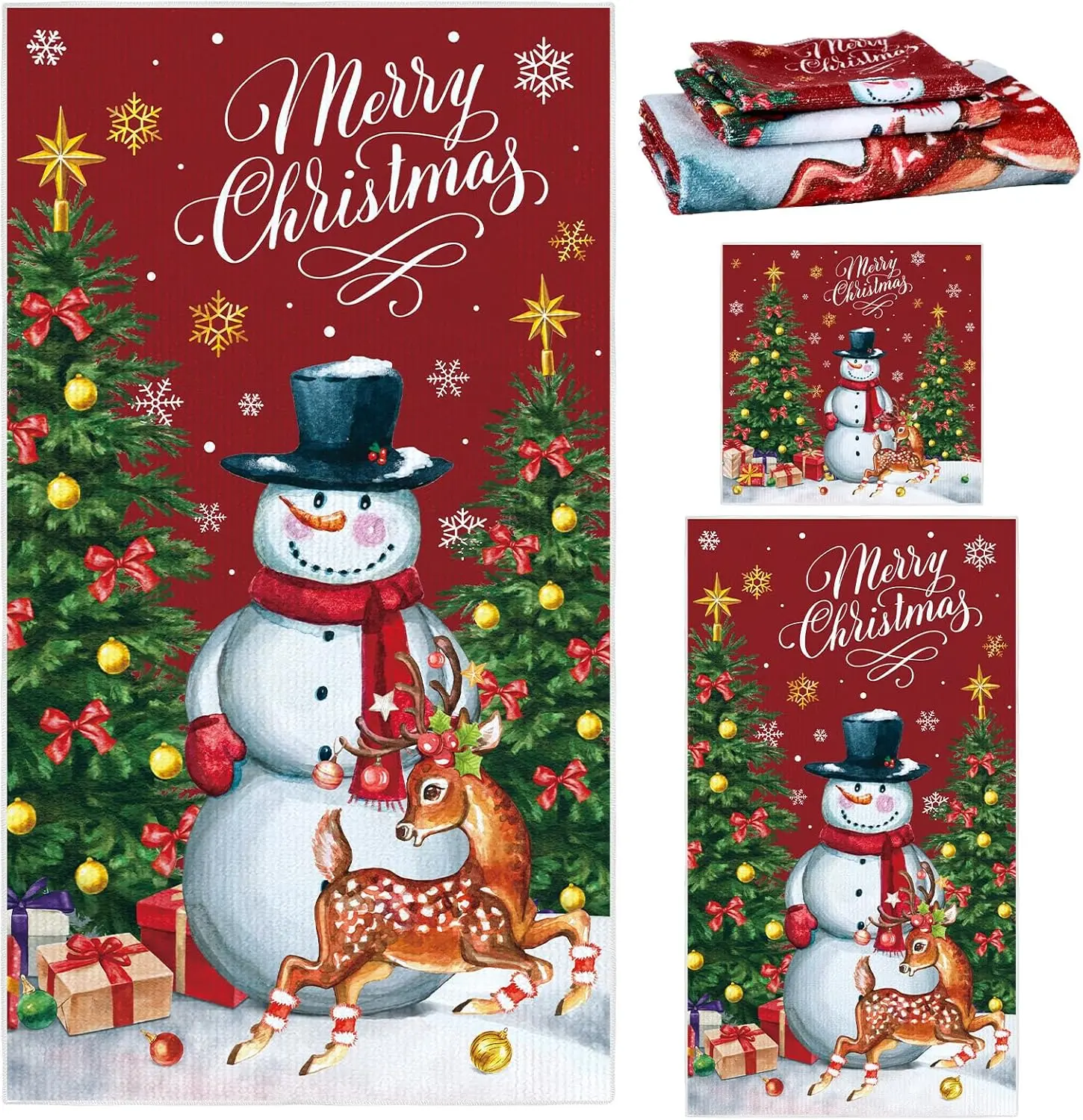 3 Pcs Christmas Snowman Bathroom Towel Set Winter Christmas Tree Elk Bath Towels with Wash Cloths for Xmas Winter Kitchen Bathroom Home Hotel Gym Spa Decorations Gift