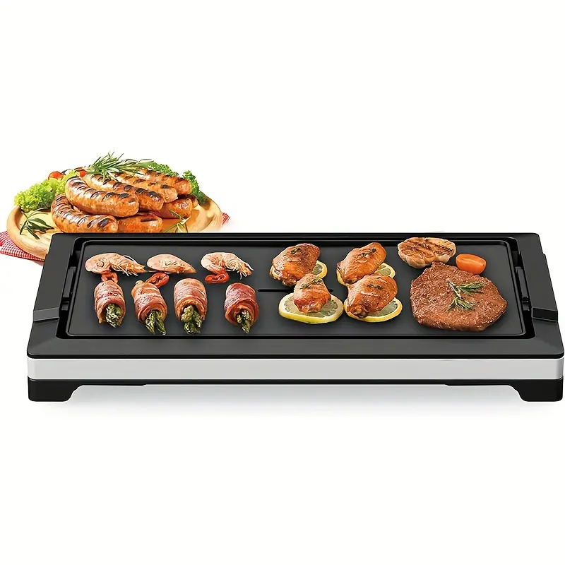 Indoor 110v-120v High-Power Electric Smokeless BBQ Grill - 5-Level Adjustable Temp, Fast Heat-Up, Nonstick Surface, Cool-Touch Handles, Washable Removable Dishwasher-Safe Water Tray, Easy-Clean Design for Bbq Party, Family, 8 People, Flat Top