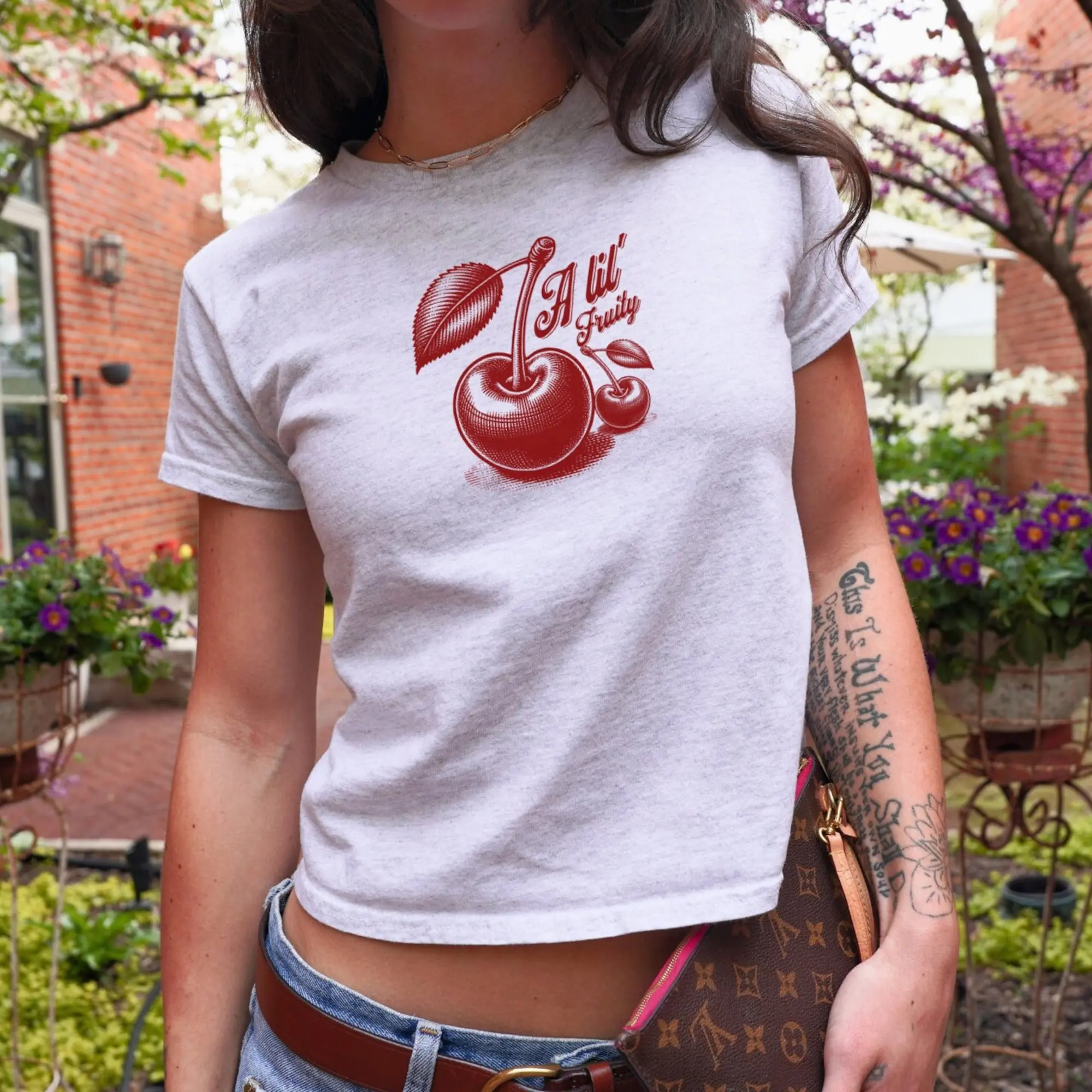[Sale Up To 40%] A Lil Fruity 90s Style Baby Tee, y2k, Fruity Subtle Pride Month Shirt, Cherry Cottagecore Style, Aesthetic fitted tee