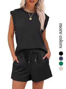 Two Piece Sets for Women Summer Cap Sleeve Lounge Short Sets Crewneck Fitted Elastic Style Outfits with Pocket