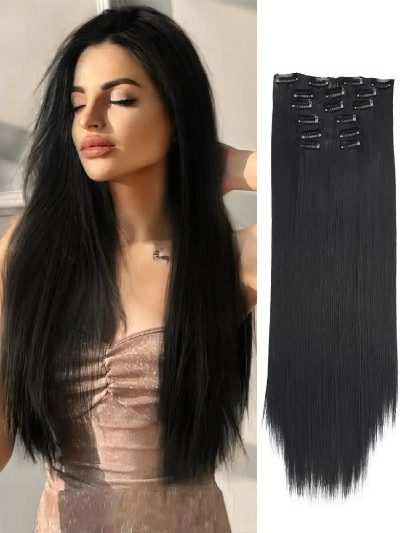 24 Inch Natural Clip-in Hair Extensions, 2024 Trendy Long Straight Synthetic Extensions for Women for Daily Used & Party, Female Matching Wig Piece fo