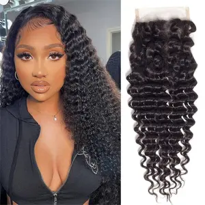 Kapelli Hair 4x4 Deep Wave Lace Closure Human Hair HD Transparent Pre-Plucked Free Part 100% Brazilian Virgin 150% Density Natural Color Extensions for Black Women