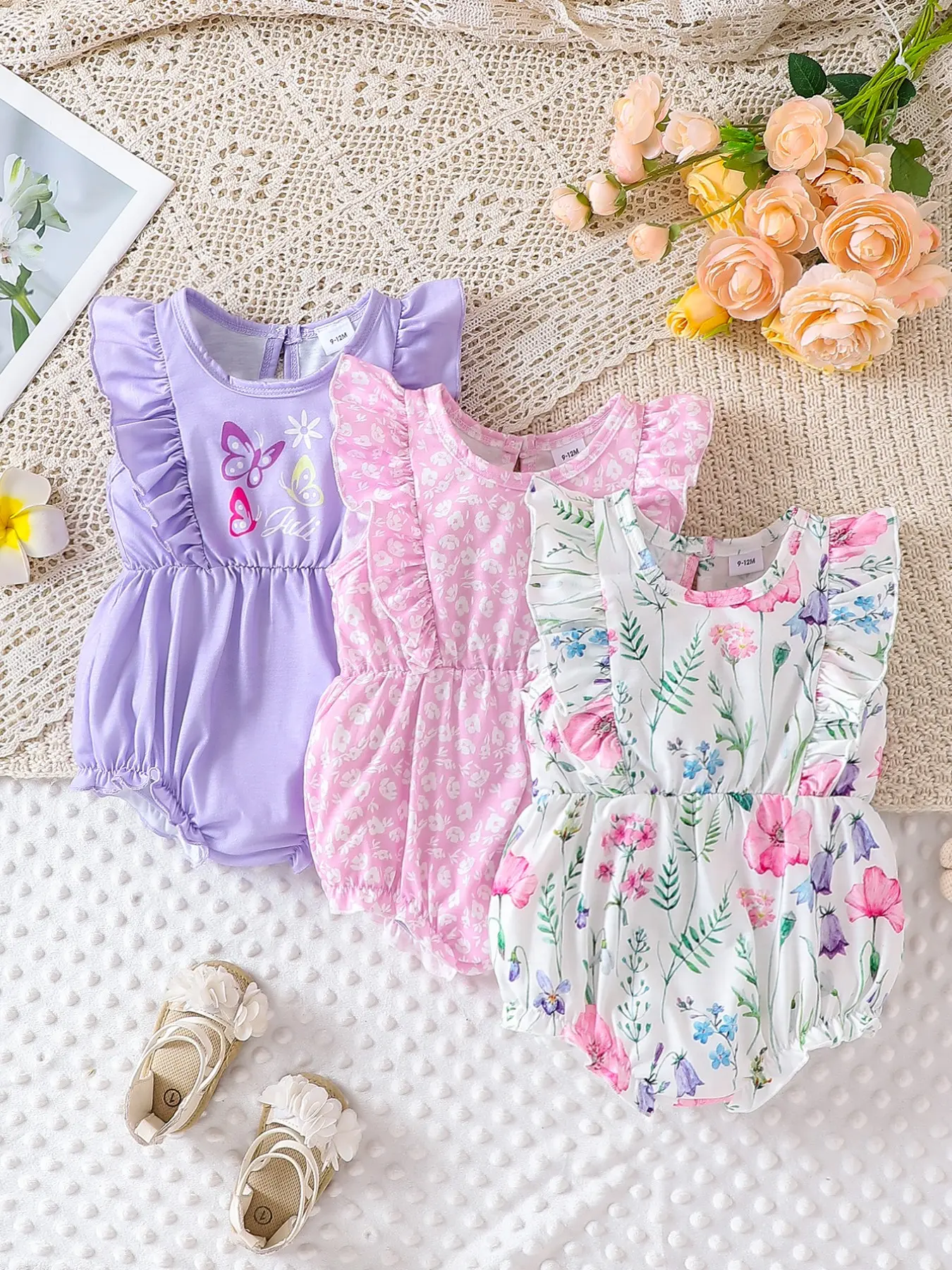 Summer Three-Piece Baby Girls Floral & Butterfly Print Sleeveless Wooden Collar Casual Triangle Onesies Set, Infant Toddler Clothes, Sweet Cool Water Drop Back Baby Girl Clothes Baby Clothing Bodysuit Infant Outfit