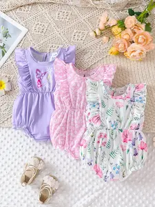 Summer Three-Piece Baby Girls Floral & Butterfly Print Sleeveless Wooden Collar Casual Triangle Onesies Set, Sweet Cool Water Drop Back Baby Girl Clothes Baby Clothing Bodysuit