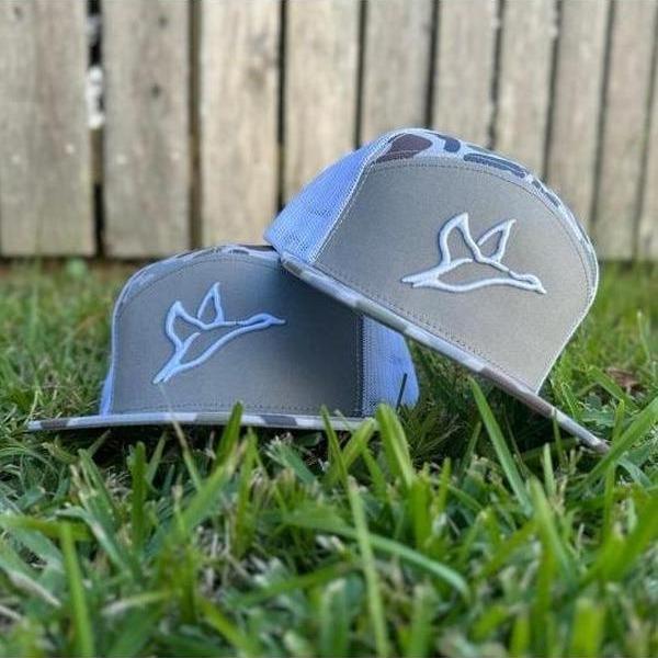 CBW Duck Icon Flying 7 Panel Brown/Khaiki White Black Camo Snapback Trucker Hat, Embroidered Hunting Hat, Cotton Mesh Back