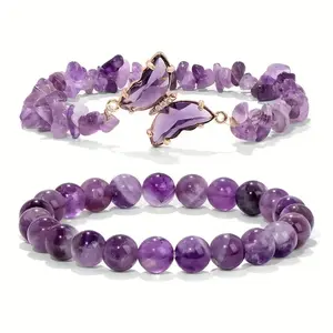 Women's Purple Natural Stone & Synthetic Crystal Butterfly Beaded Bracelet Set, Stackable Stretch Costume Jewelry for Daily Wear & Gifting, Purple Bracelet Set