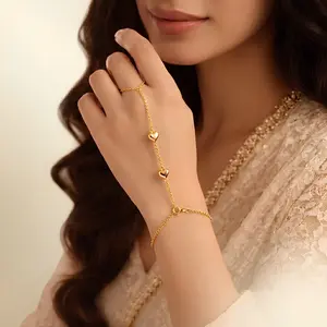 Zaraaly | 18K Gold Plated Heart Hand Chain Bracelet Ring | Dainty Slave Bracelet for Women | Wedding & Festival Jewelry