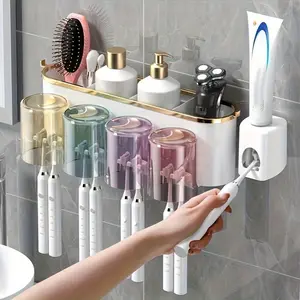 1 Set Space-Saving Wall-Mounted Bathroom Organizer with Hypoallergenic Toothbrush Holder & Toothpaste Squeezer, Toothbrush Storage, Home Goods, Toothbrush Holder Organizers