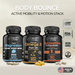 Health Dose Body Bounce - Active Mobility and Motion Stack - 3-Bottle Joint and Recovery System - (Triple Magnesium Plus, Premium Omega 3 Fish Oil, Glucosamine & Chondroitin Dose)