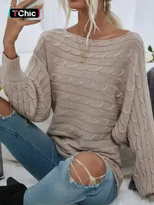 Women's Textured Drop Shoulder Boat Neck Sweater, Casual Long Sleeve Jumper for Fall & Winter, Fashion Ladies' Knitwear for Daily Wear, Garment