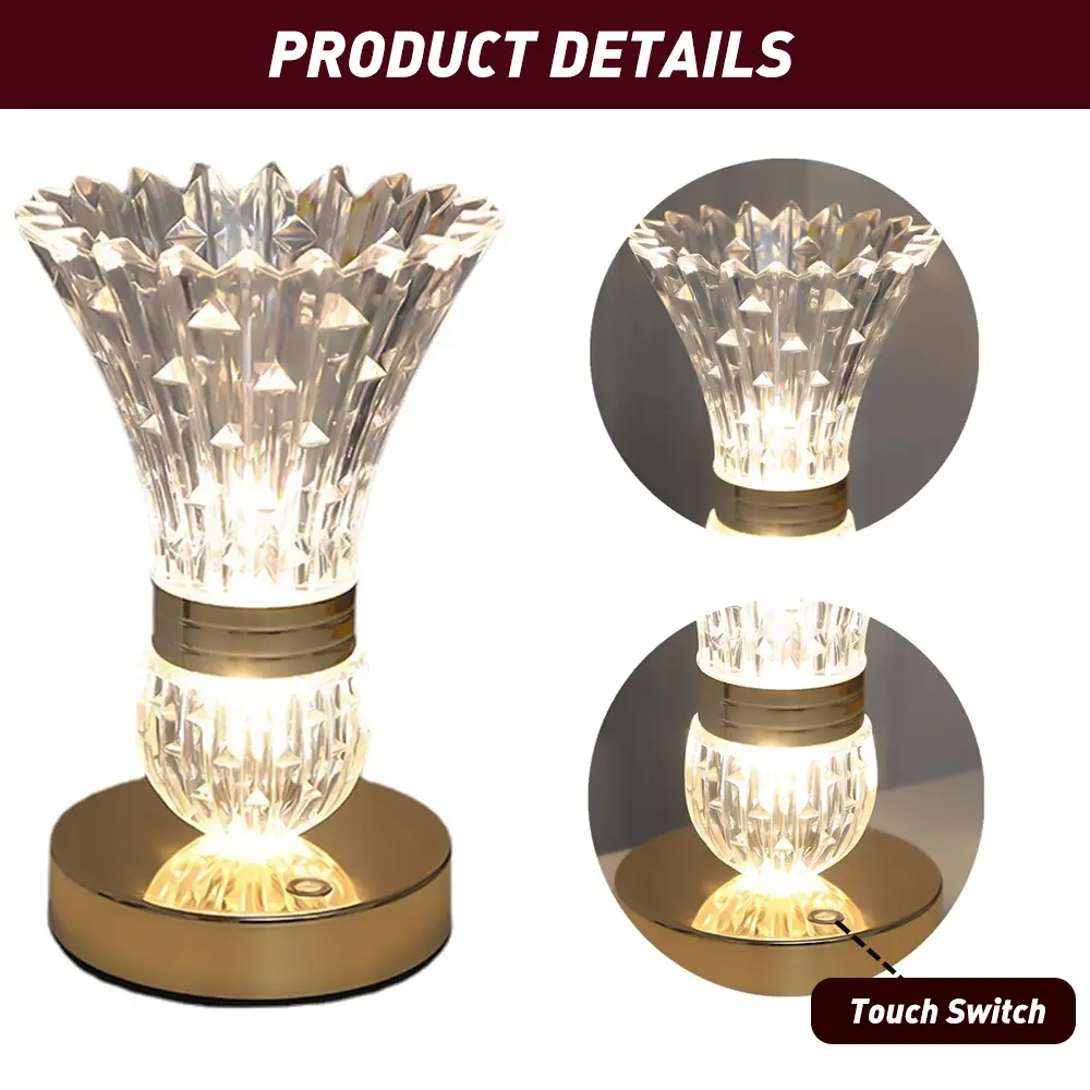Crystal Vase-Shaped Table Lamp, Decorative Touch-Controlled Reading Light for Home Improvement Novelty Lighting
