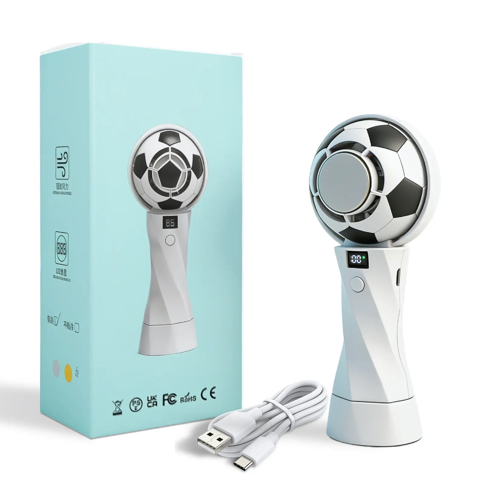 2026 model football handheld fan, cooling turbine, portable, small, neck-hanging, high-speed, cold compress, rechargeable fan