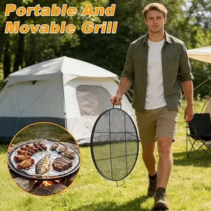 24" Diameter Fire Pit Grill Grate with Handle, 1pc Wood Burning Freestanding Barbecue Grate for Outdoor Campfire BBQ Use