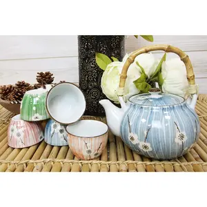 Ebros Japanese Sakura White Cherry Blossom Tea Set Ceramic Pot and Cups Set of 5