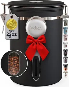 Coffee Canister with Window,Airtight Stainless Steel Pantry Container,Home Kitchen Food Storage Organizers for Ground,Beans,Espresso,Rice,Tea,Sugar,Cereal, Decor,Bar Accessories,Gifts,22OZ,Black