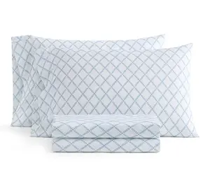 Martha Stewart Leaf Trellis White/Blue Cotton King Sheet Set