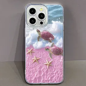 Phone Case - Space. Pink Beach Turtle Pattern Phone Case, Suitable for Iphone 17/16/15/14/13/12/11/XS/XR/X/7/8 Plus/Pro/Max/Mini - Creative Fashion Easy Design Personalized Full-Coverage Anti-Drop Protective Cover, Suitable for Men And Women