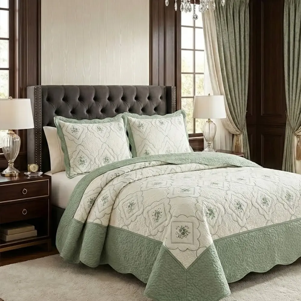 3 Pcs Embroidered Quilted Bedspread Set Reversible Microfiber Coverlet Color Block Lightweight All Season Machine Washable Holiday Gift For Family & Friend Local Warehouse Queen King Cal King