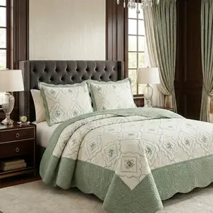 3 Pcs Embroidered Quilted Bedspread Set Reversible Microfiber Coverlet Color Block Lightweight All Season Machine Washable Holiday Gift For Family & Friend Local Warehouse Queen King Cal King