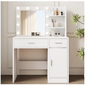 Vanity Desk with Mirror and Lights, Makeup Vanity with Drawer & Storage Shelves, Cabinet, 3 Lighting Modes Adjustable Brightness,White