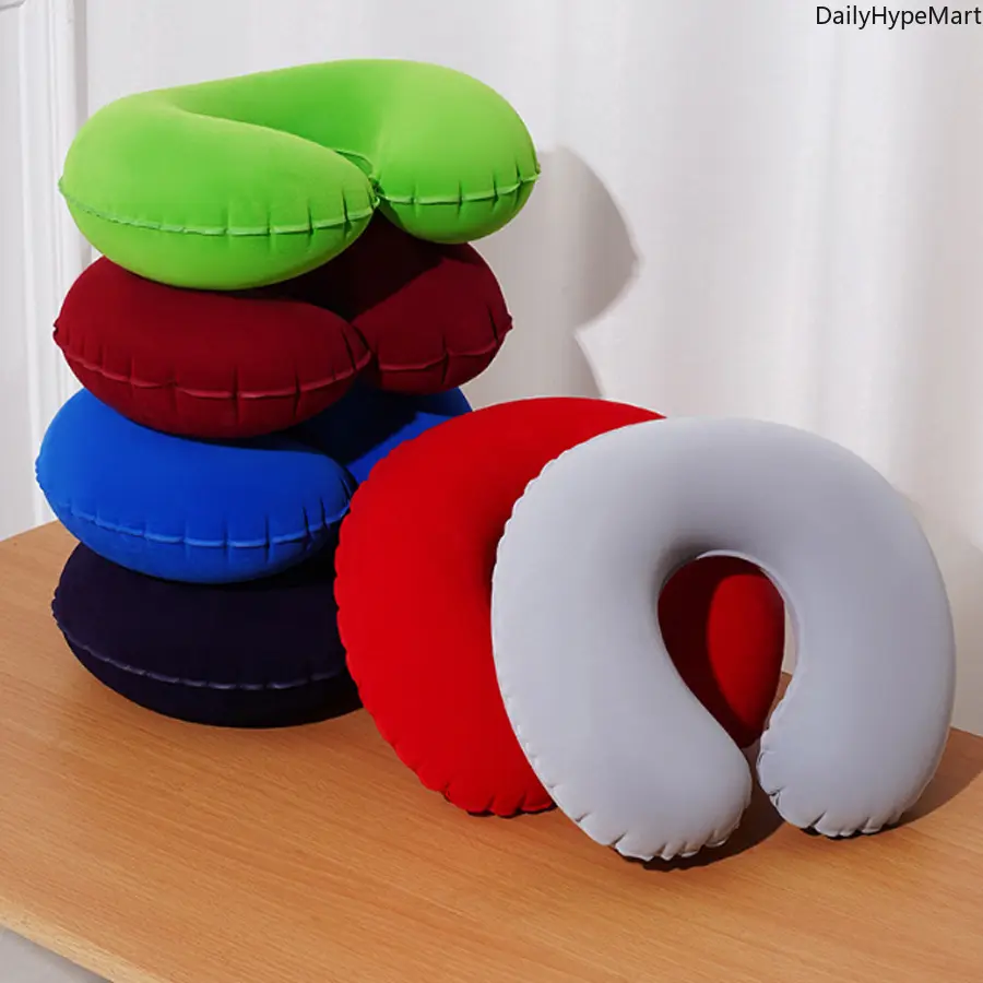 Ergonomic C-Shaped Flocking Inflatable Travel Neck Rest Cushion, 32.5x26cm Portable Neck Support for Airplane, Car - Fashion Accessory Set